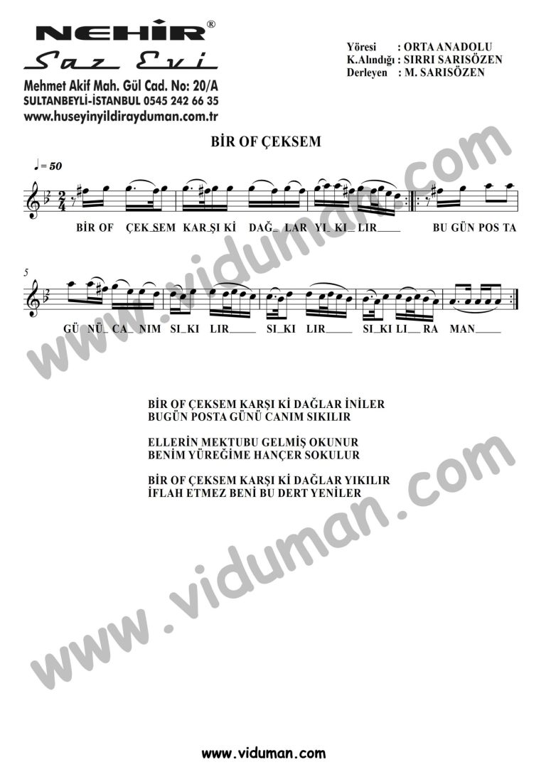 Bir Of Ceksem-Baglama-Saz-Notalari