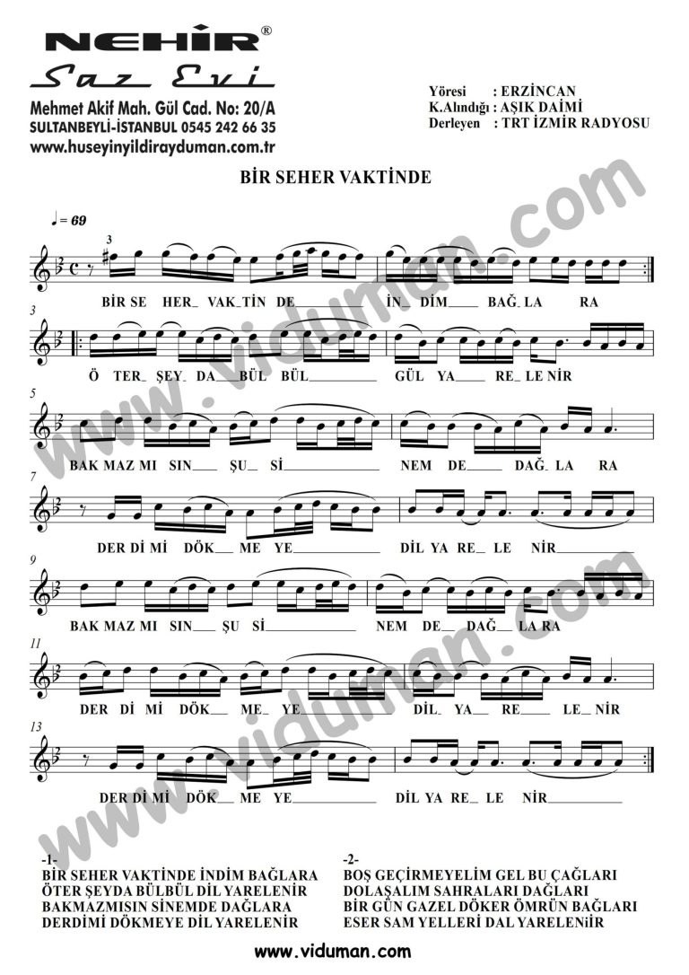 Bir Seher Vaktinde-Baglama-Saz-Notalari