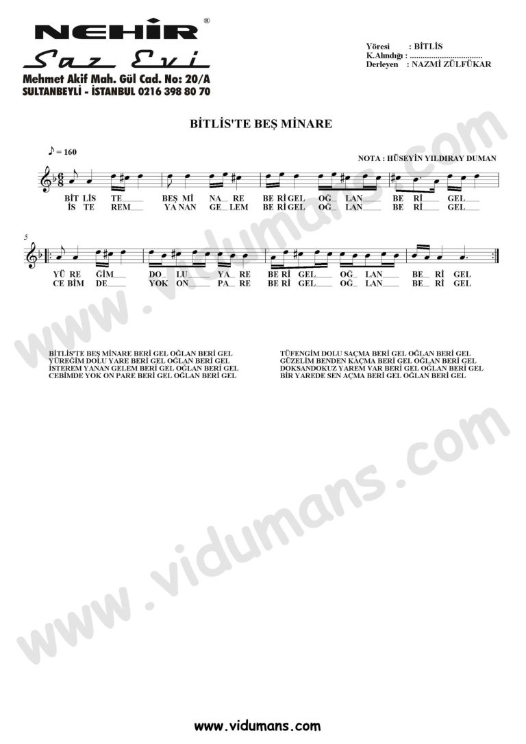 Bitliste Bes Minare-Baglama-Saz-Notalari
