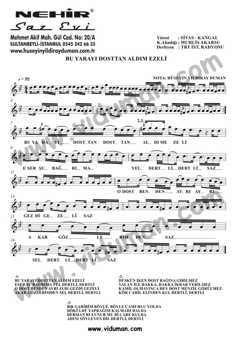 Bu Yarayi Dosttan Aldim Ezeli-Baglama-Saz-Notalari