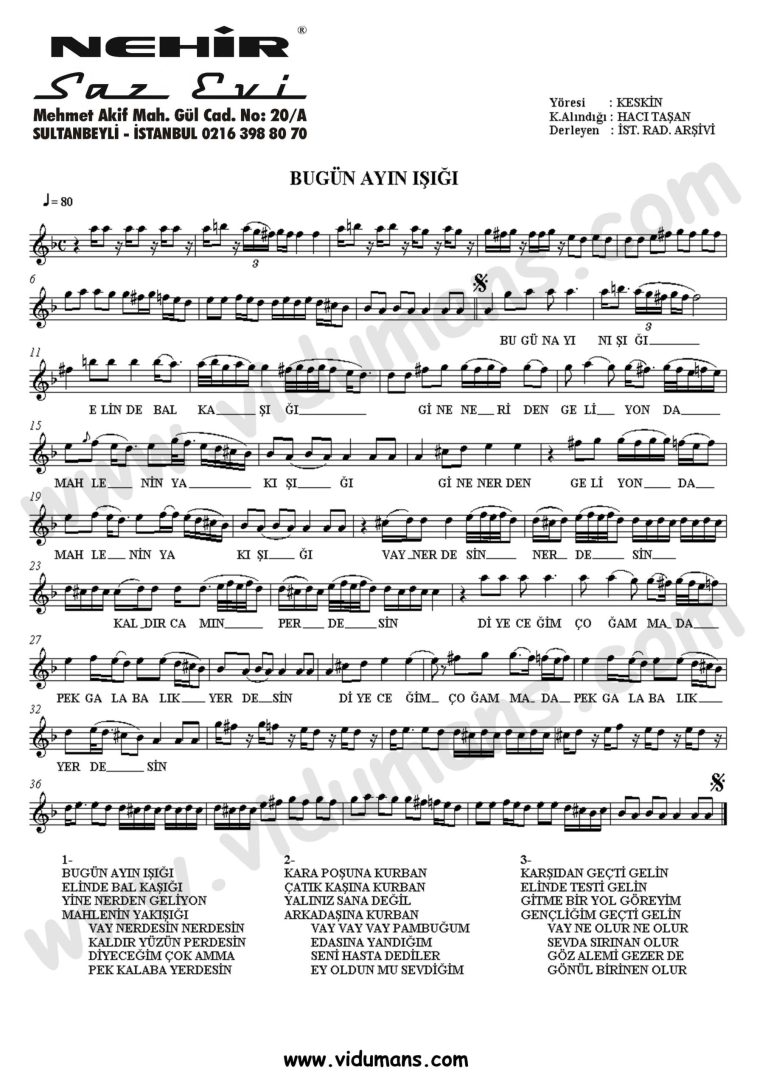 Bugun Ayin Isigi-Baglama-Saz-Notalari