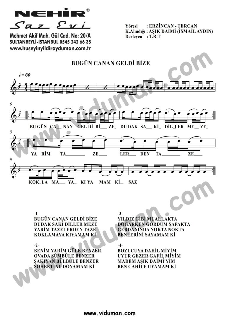 Bugun Canan Geldi Bize-Baglama-Saz-Notalari