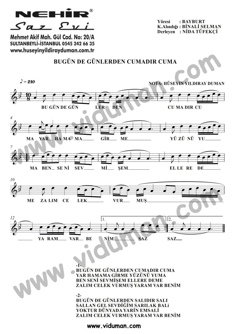 Bugun De Gunlerden Cumadir Cuma-Baglama-Saz-Notalari