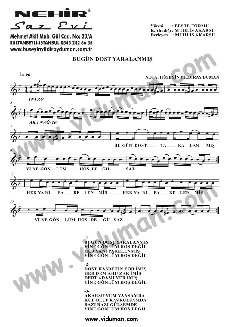 Bugun Dost Yaralanmis (Yine Gonlum Hos Degil)-Baglama-Saz-Notalari