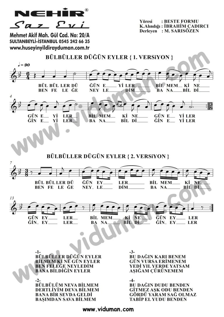 Bulbuller Dugun Eyler Versiyon-Baglama-Saz-Notalari