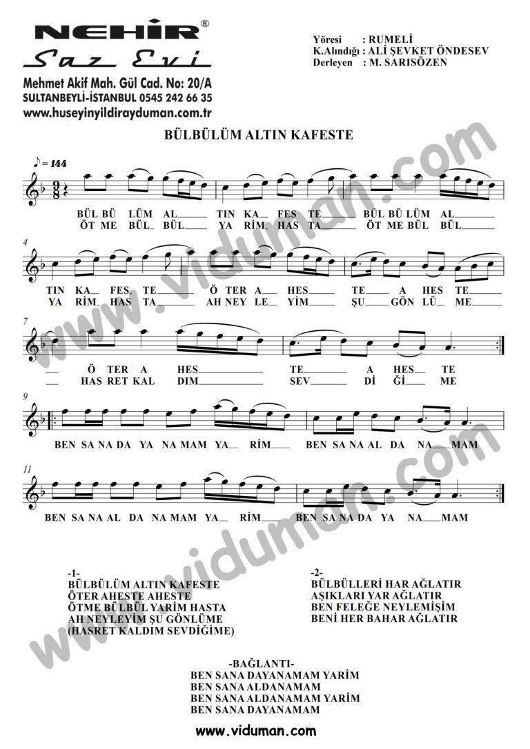 Bulbulum Altin Kafeste-Baglama-Saz-Notalari