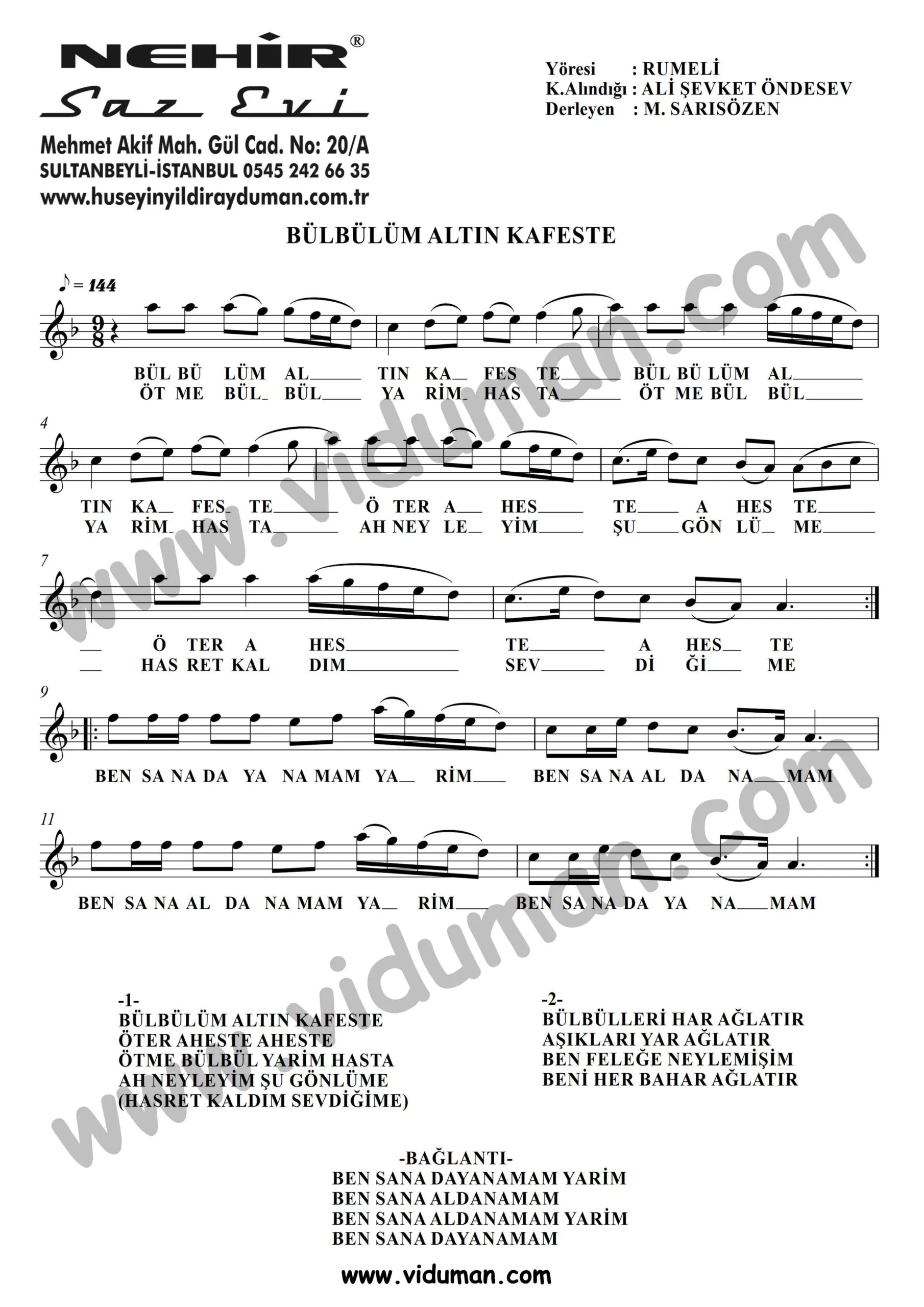 Bulbulum Altin Kafeste-Baglama-Saz-Notalari