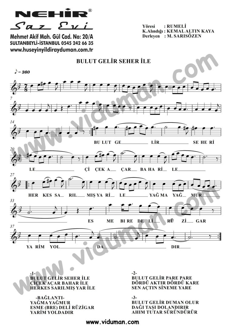 Bulut Gelir Seher Ile-Baglama-Saz-Notalari