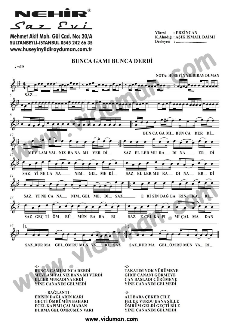 Bunca Gami Bunca Derdi-Baglama-Saz-Notalari