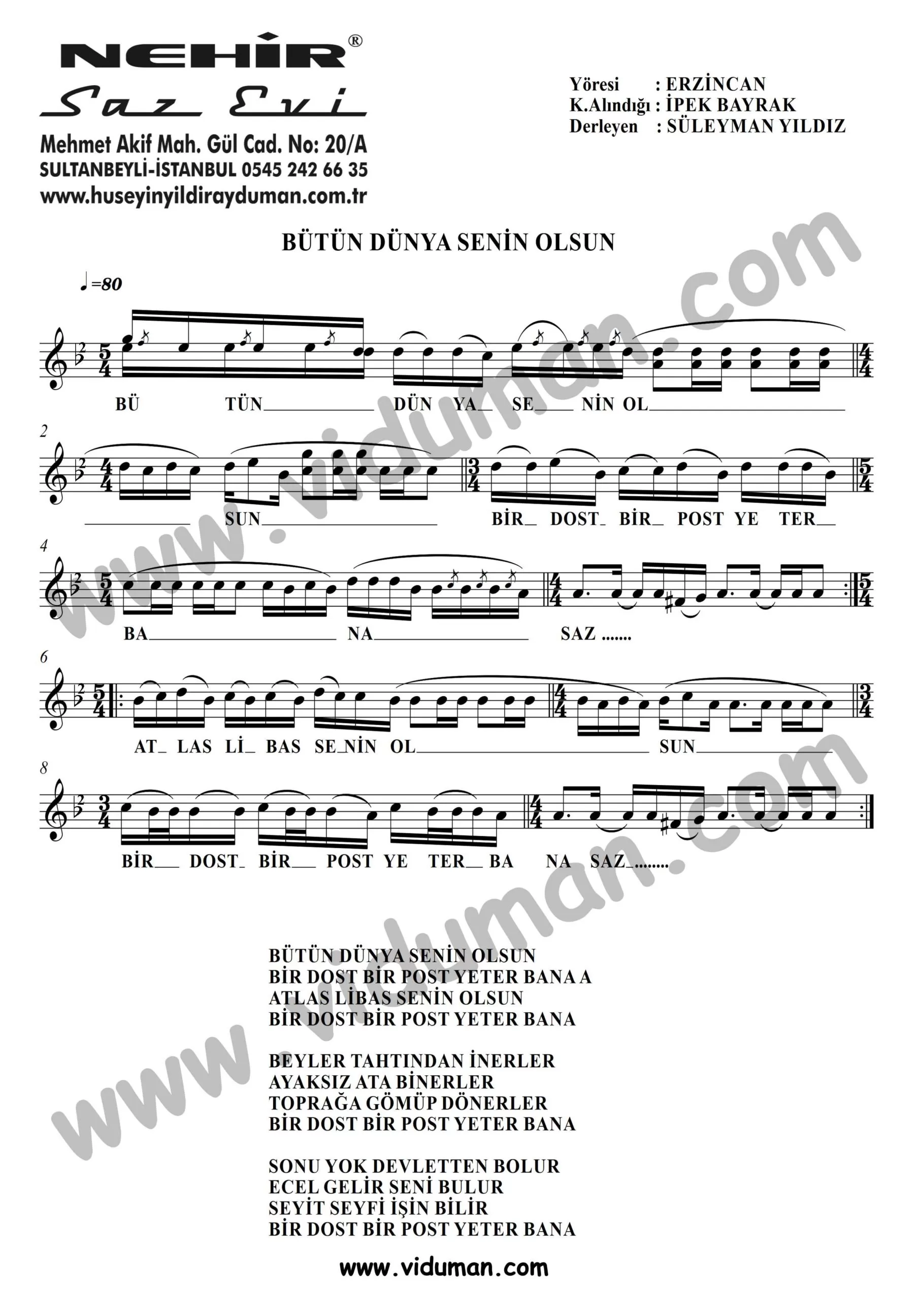 Butun Dunya Senin Olsun-Baglama-Saz-Notalari