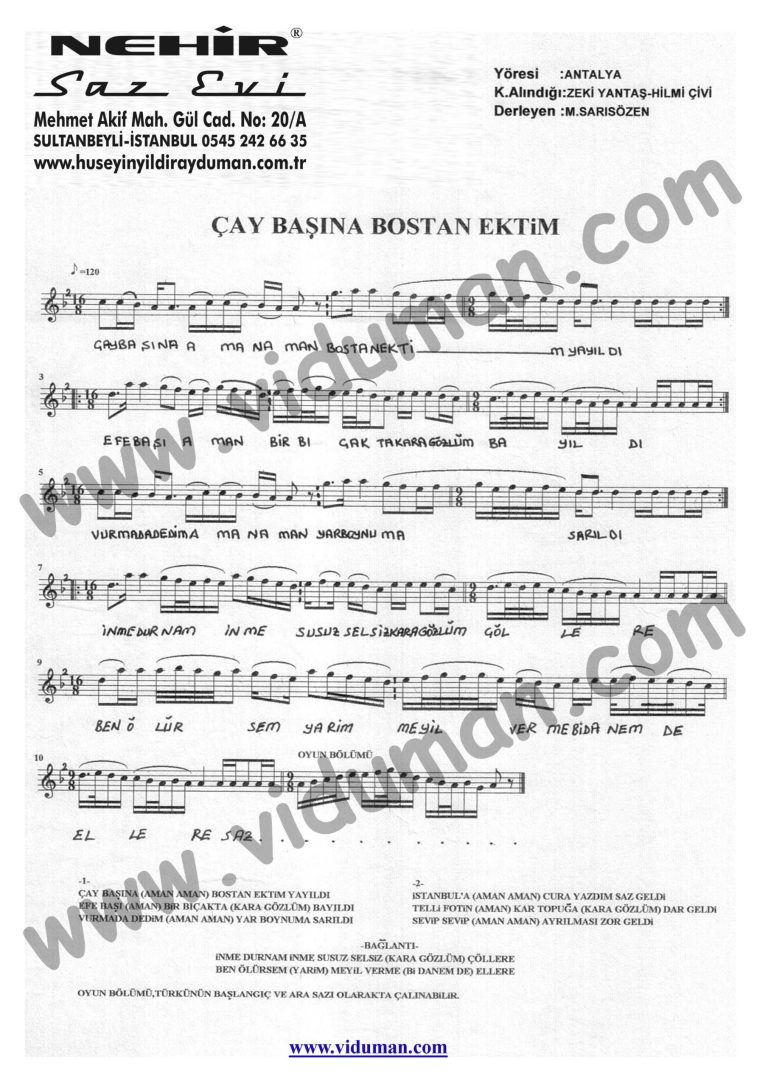 Cay Basina Bostan Ektim-Baglama-Saz-Notalari