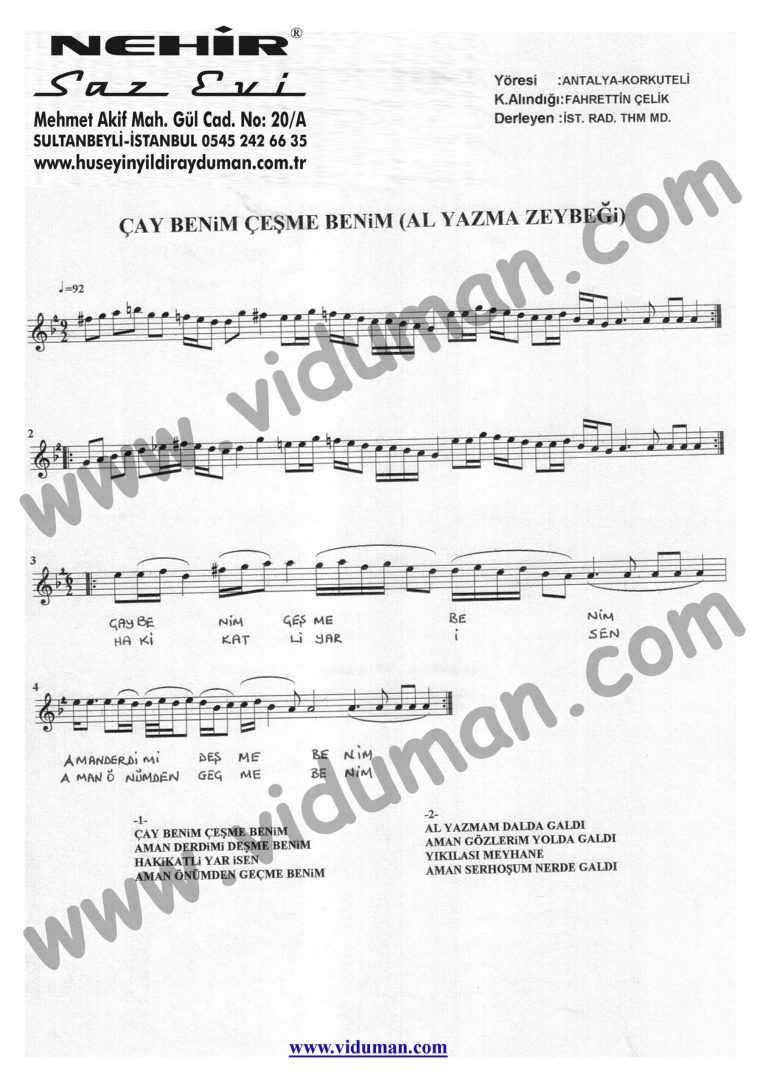 Cay Benim Cesme Benim (Al Yazma Zeybegi)-Baglama-Saz-Notalari