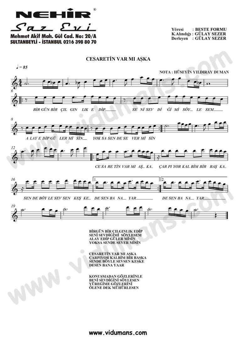 Cesaretin Var Mi Aska-Baglama-Saz-Notalari