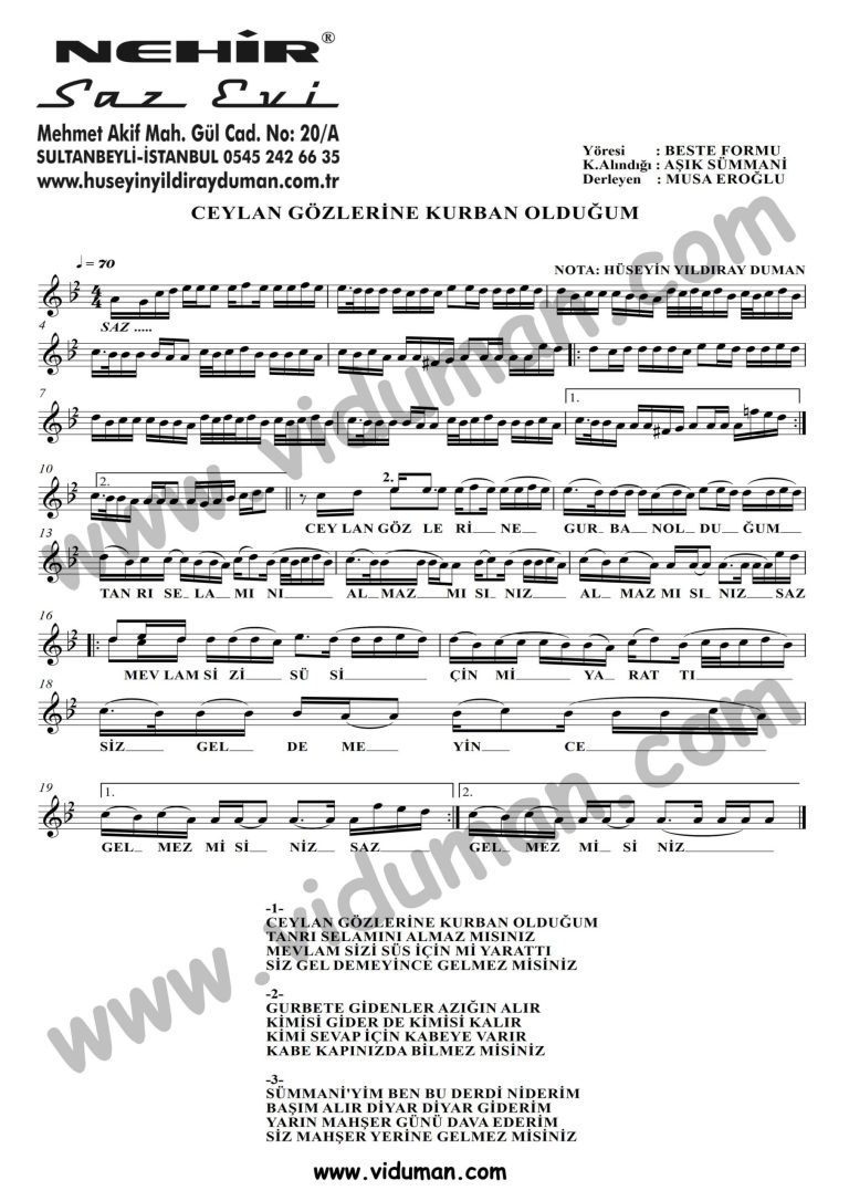 Ceylan Gozlerine Kurban Oldugum-Baglama-Saz-Notalari