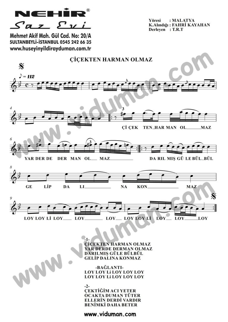 Cicekten Harman Olmaz-Baglama-Saz-Notalari