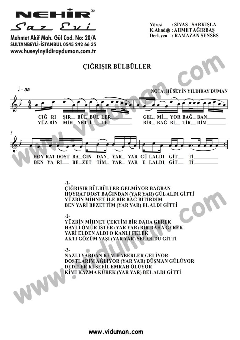 Cigrisir Bulbuller-Baglama-Saz-Notalari