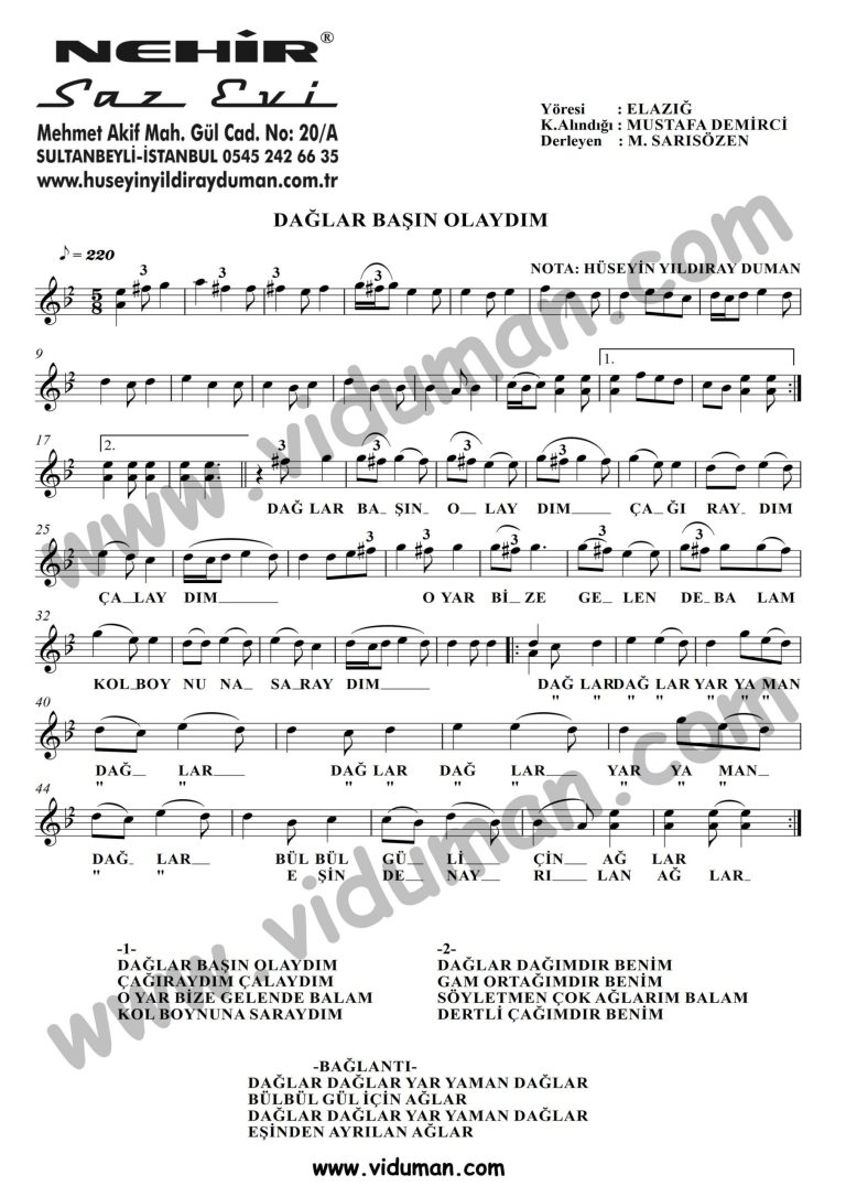 Daglar Basin Olaydim-Baglama-Saz-Notalari