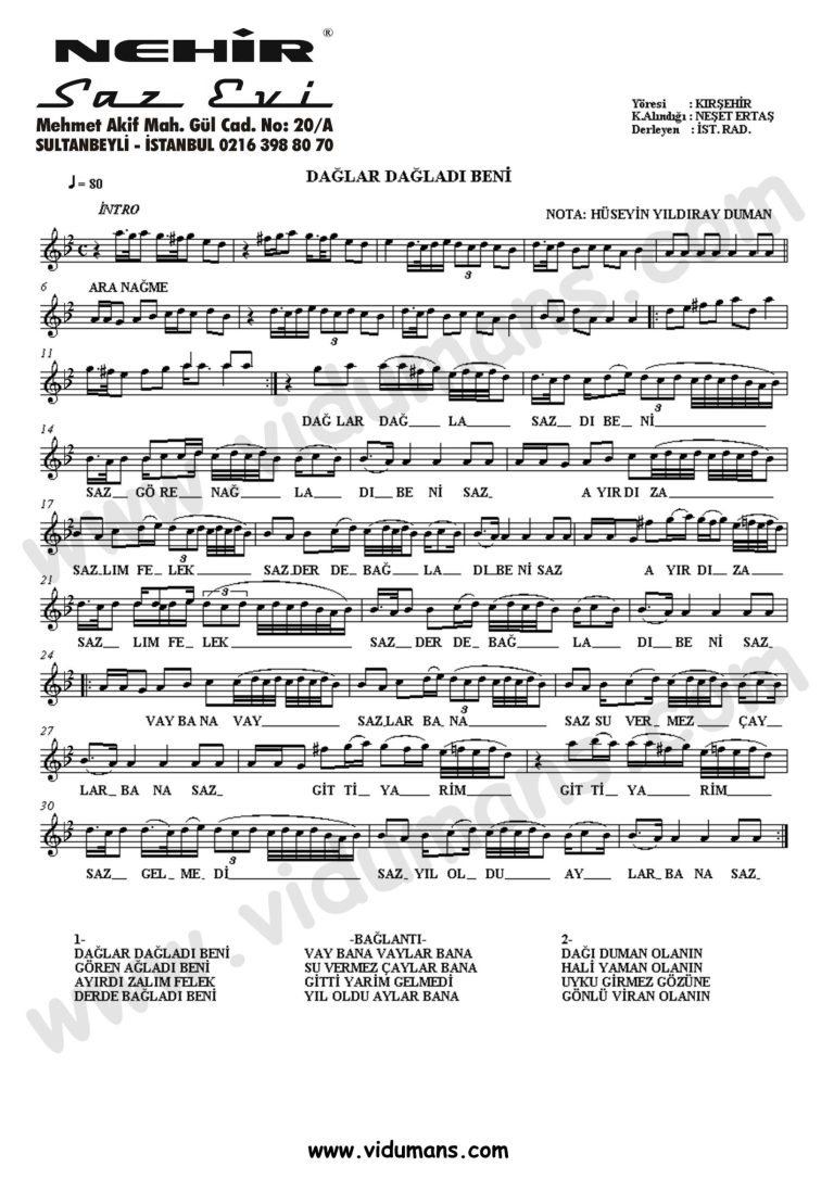Daglar Dagladi Beni-Baglama-Saz-Notalari