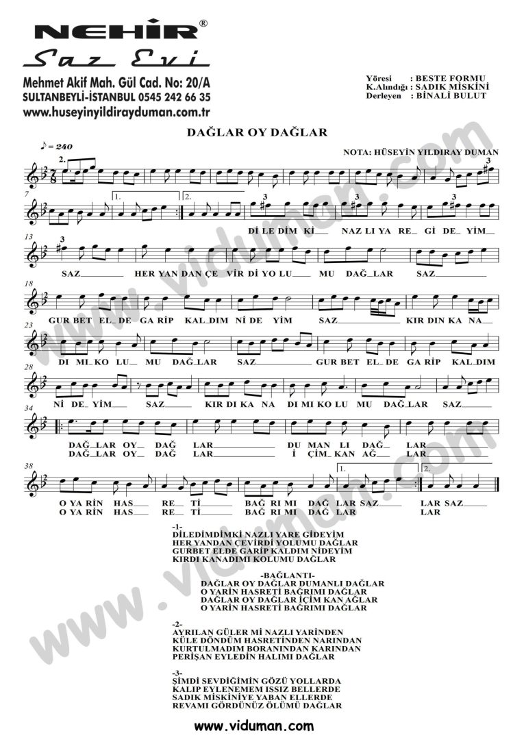Daglar Oy Daglar-Baglama-Saz-Notalari