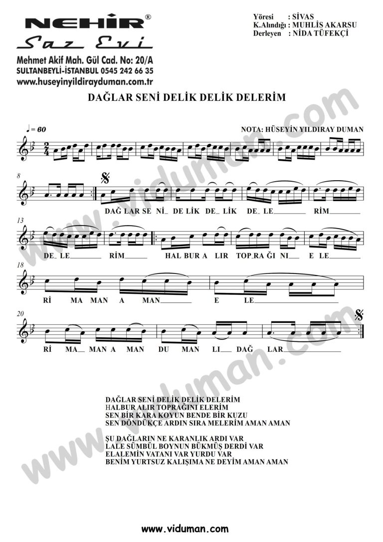 Daglar Seni Delik Delik Delerim-Baglama-Saz-Notalari