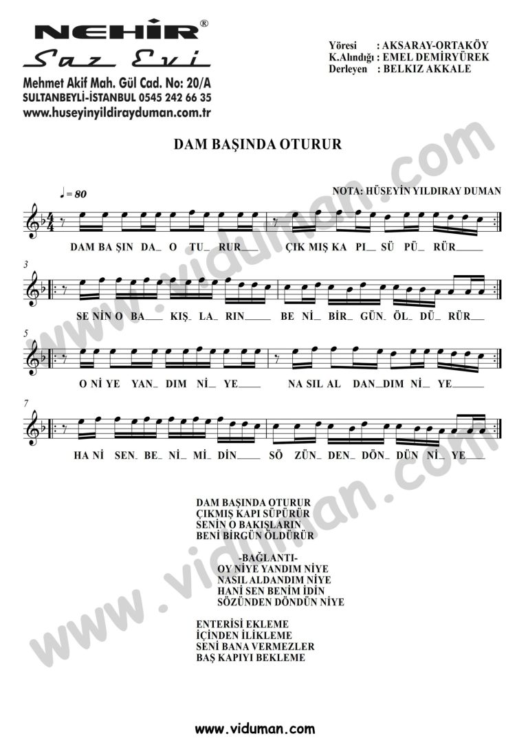 Dam Basinda Oturur-Baglama-Saz-Notalari