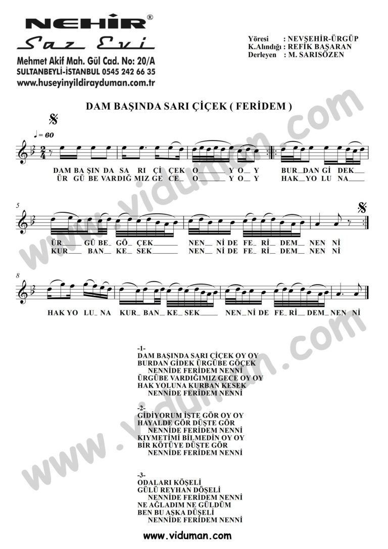 Dam Basinda Sari Cicek Feridem-Baglama-Saz-Notalari