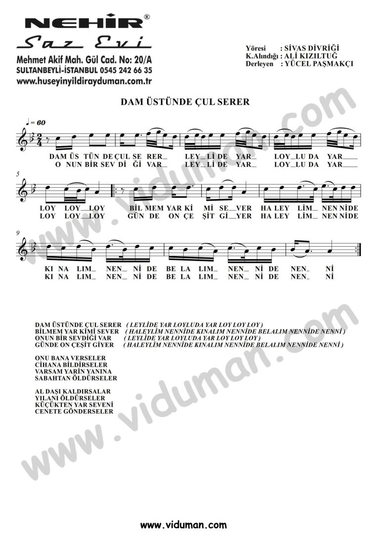 Dam Ustunde Cul Serer-Baglama-Saz-Notalari