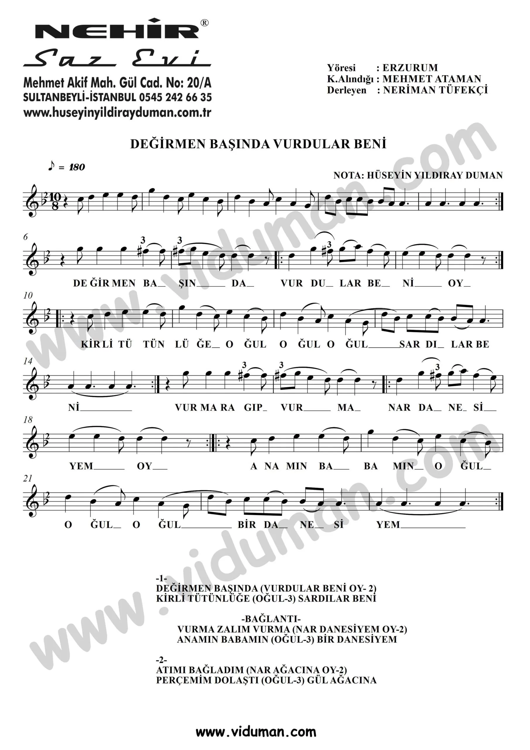Degirmen Basinda Vurdular Beni-Baglama-Saz-Notalari