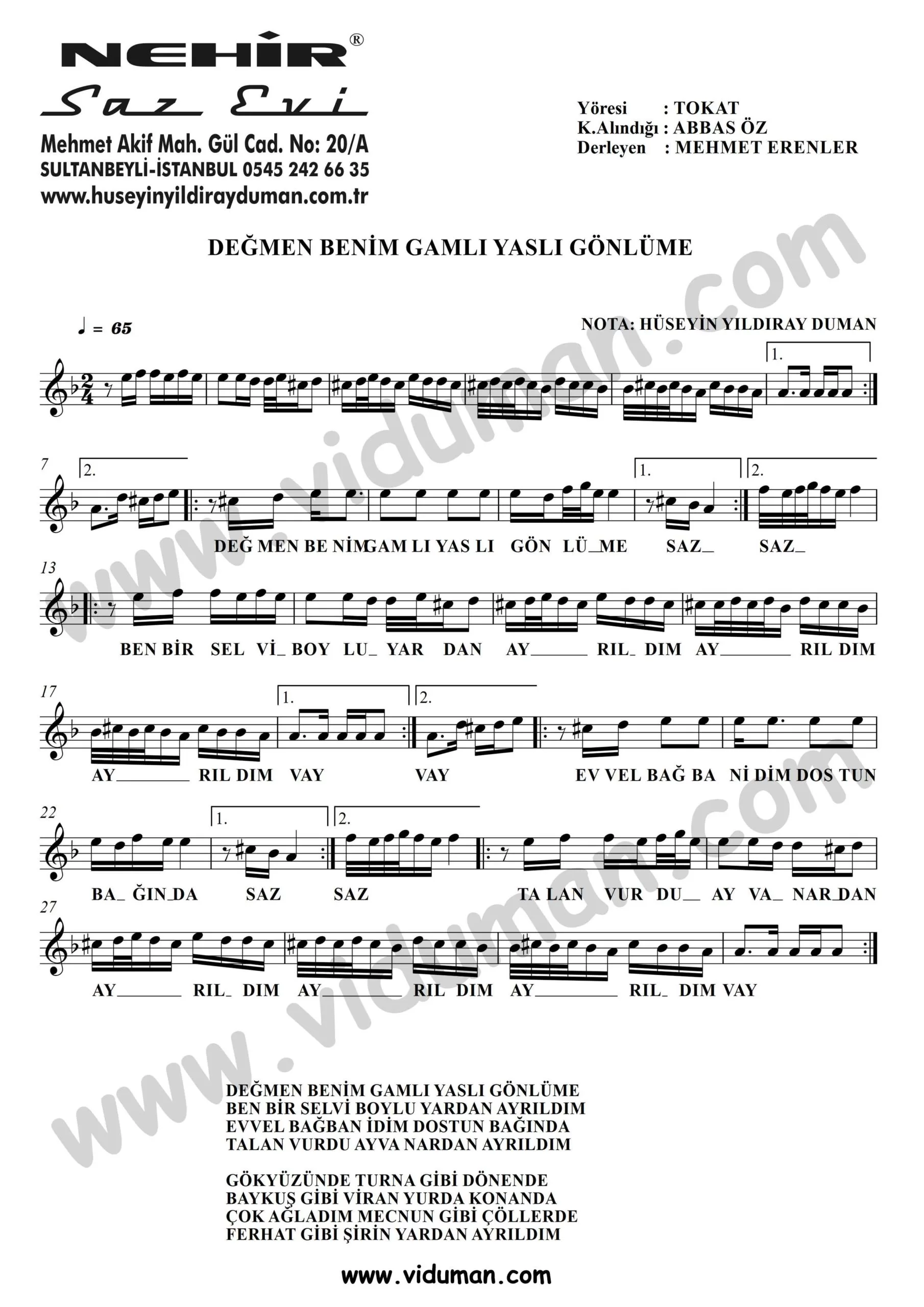 Degmen Benim Gamli Yasli Gonlume-Baglama-Saz-Notalari
