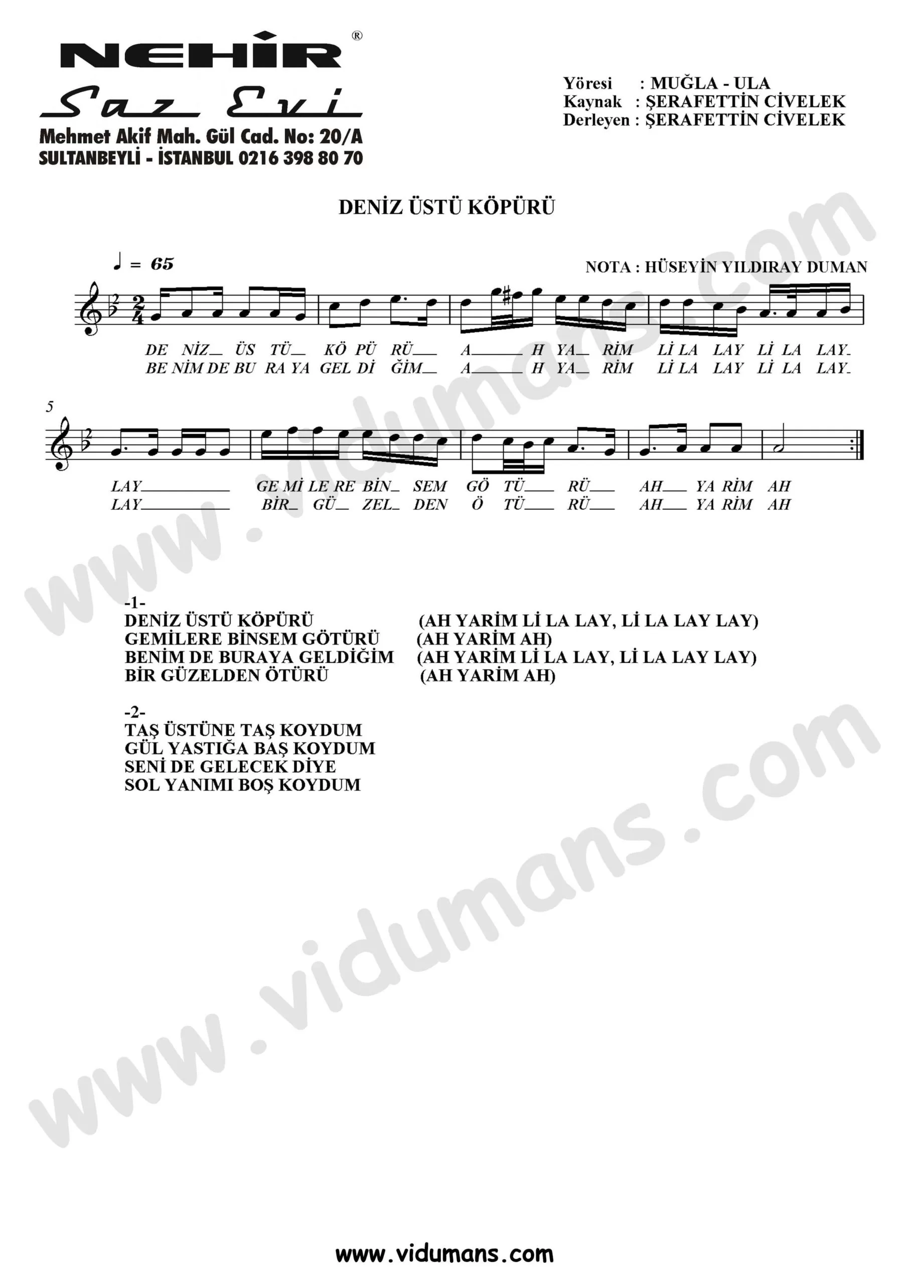Deniz Ustu Kopuru-Baglama-Saz-Notalari