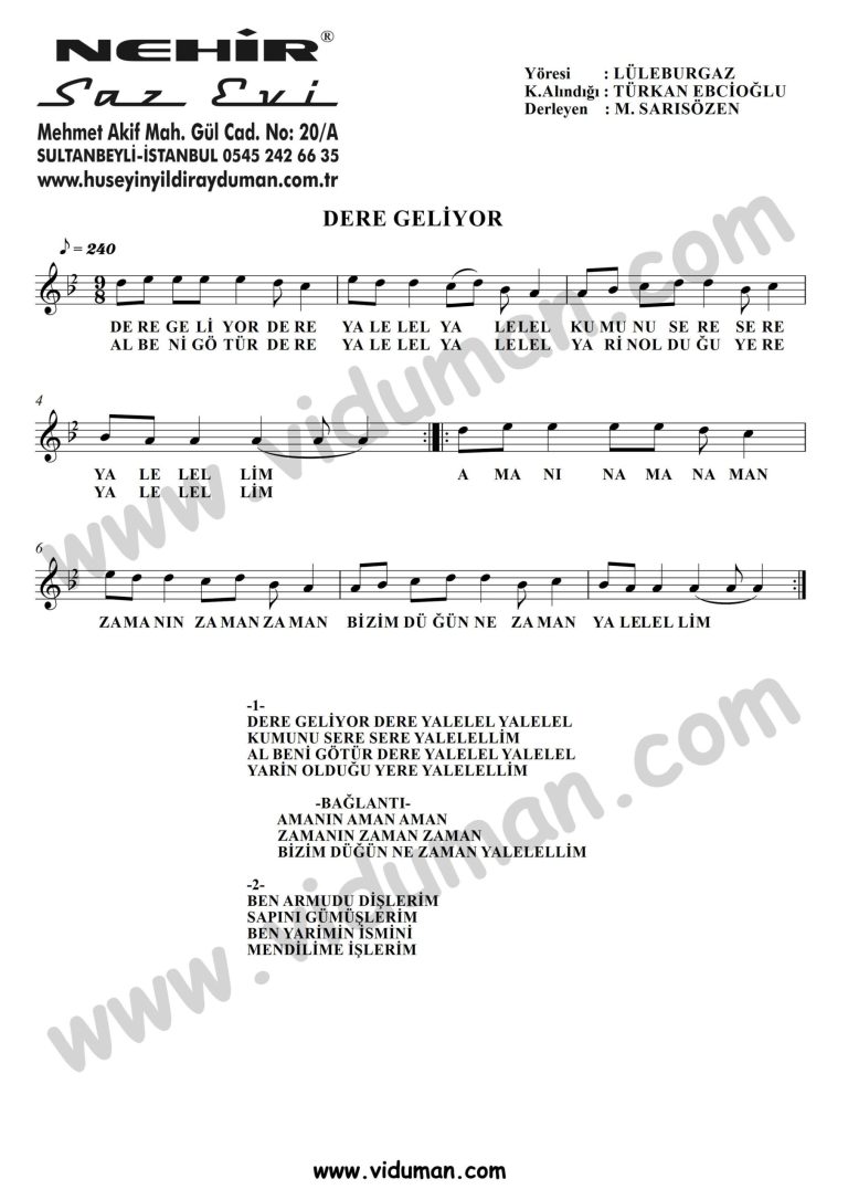 Dere Geliyor-Baglama-Saz-Notalari
