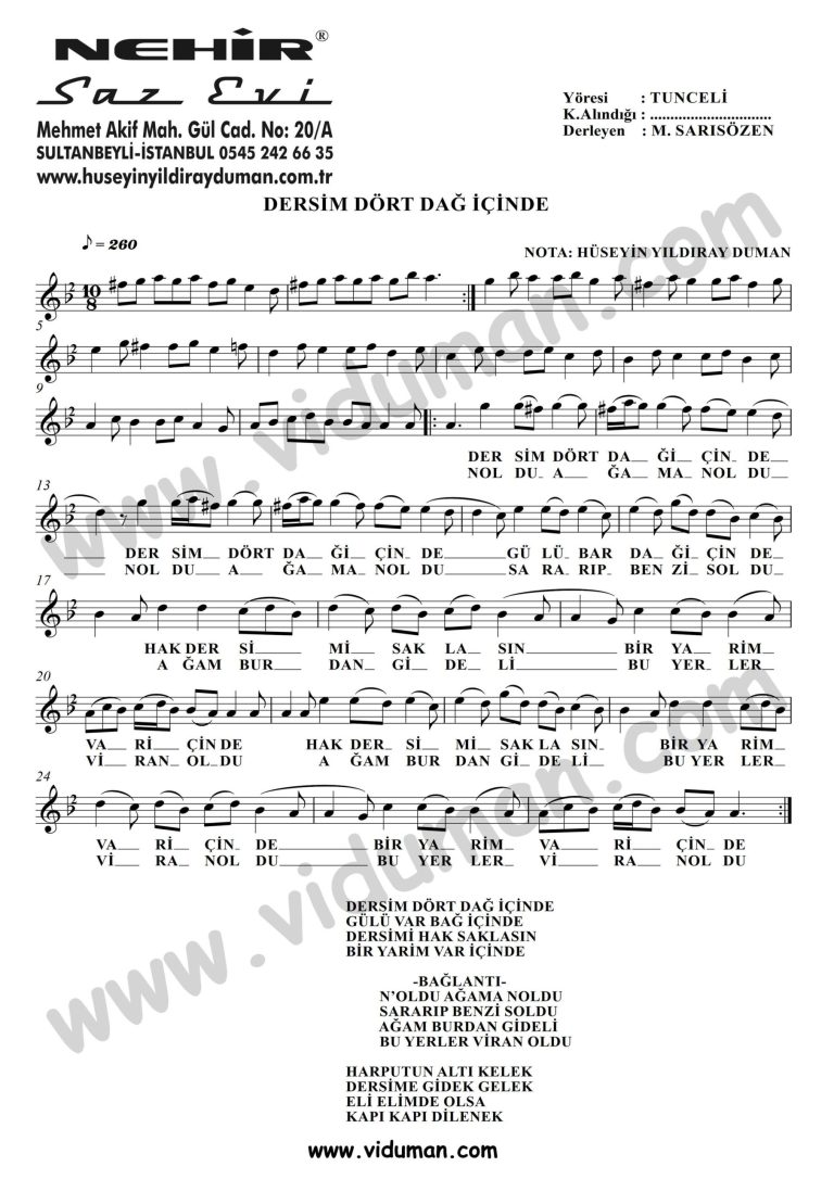 Dersim Dort Dag Icinde-Baglama-Saz-Notalari