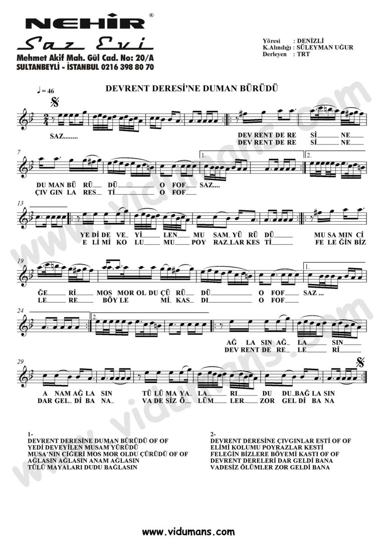 Devrent Deresine Duman Burudu-Baglama-Saz-Notalari