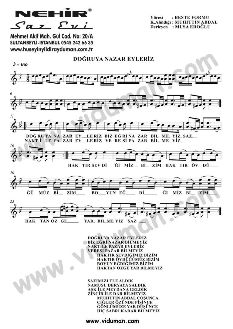 Dogruya Nazar Eyleriz-Baglama-Saz-Notalari