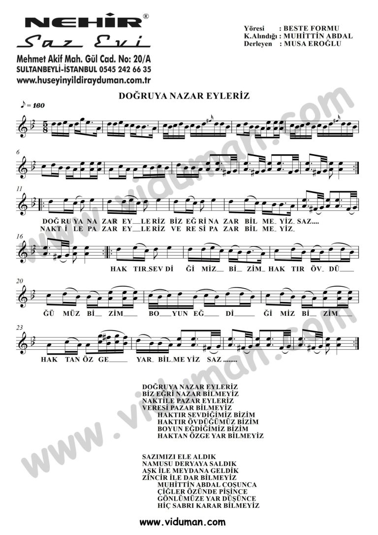 Dogruya Nazar Eyleriz-Baglama-Saz-Notalari