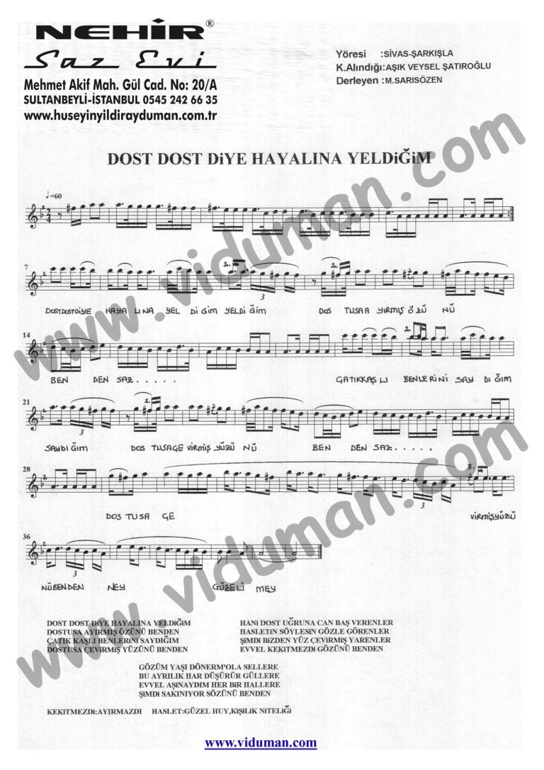 Dost Dost Diye Hayaline Yandigim-Baglama-Saz-Notalari
