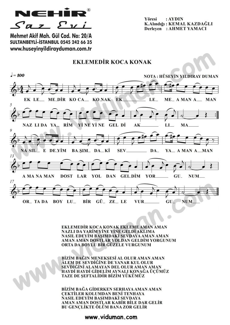 Eklemedir Koca Konak-Baglama-Saz-Notalari