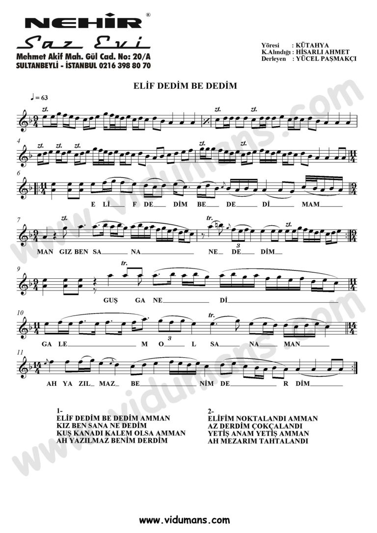 Elif Dedim Be Dedim-Baglama-Saz-Notalari