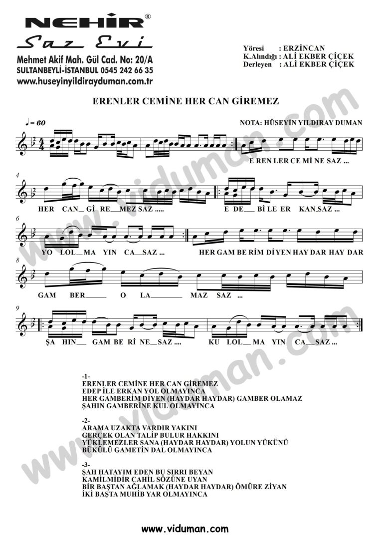 Erenler Cemine Her Can Giremez-Baglama-Saz-Notalari