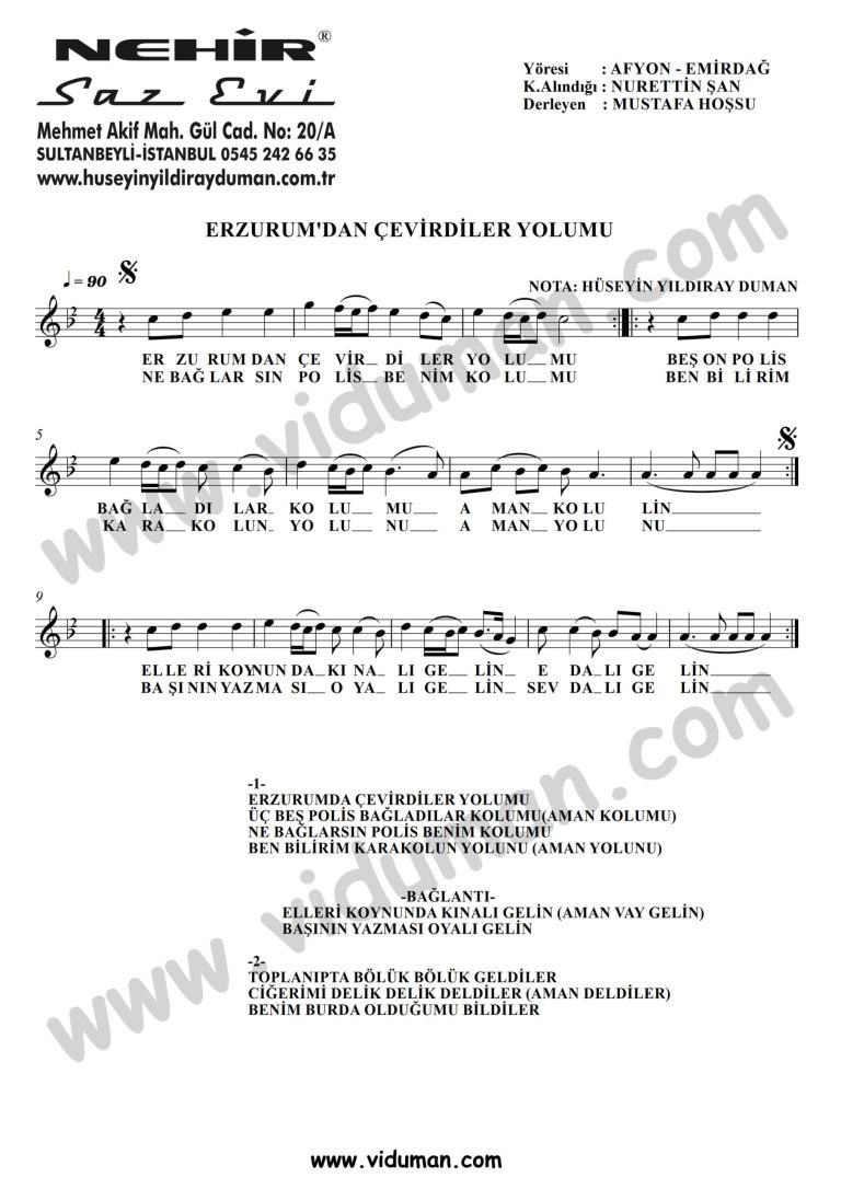 Erzurumdan Cevirdiler Yolumu-Baglama-Saz-Notalari