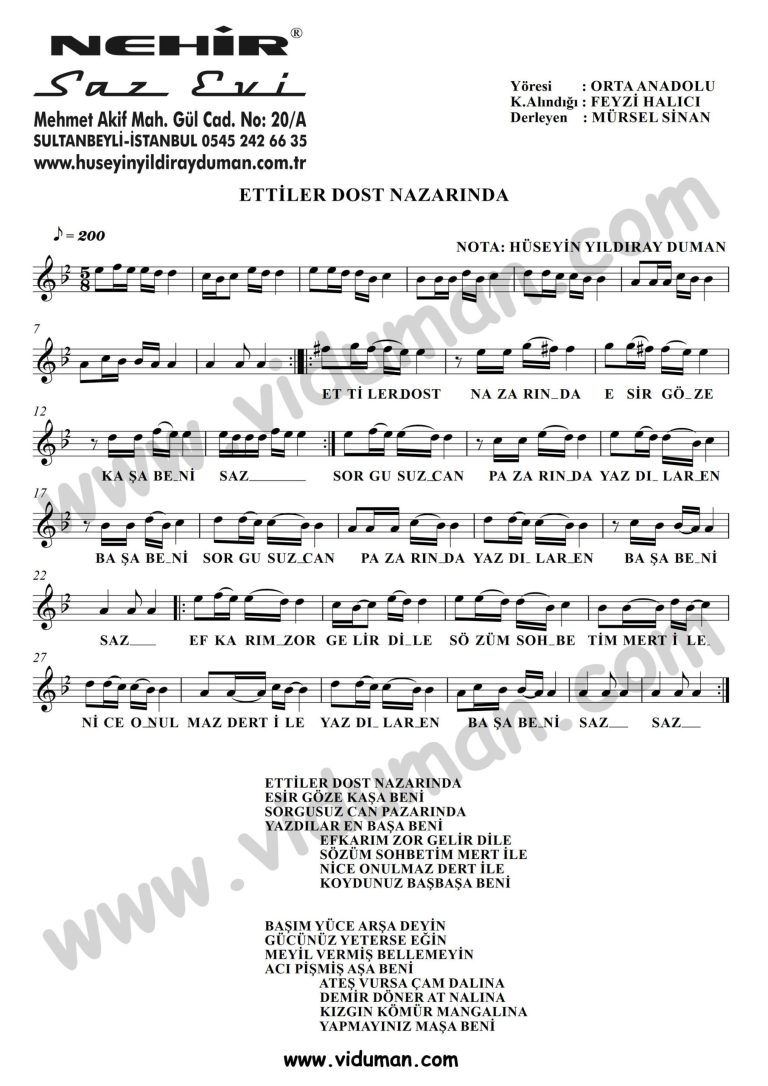 Ettiler Dost Nazarinda-Baglama-Saz-Notalari