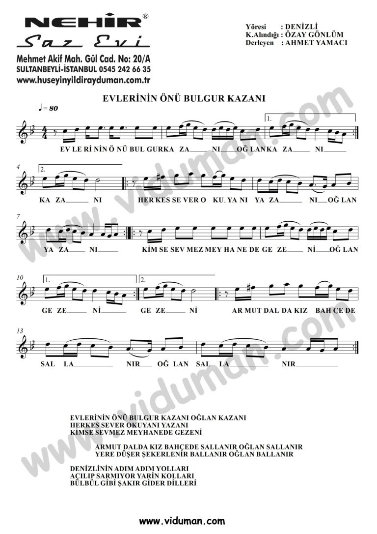 Evlerinin Onu Bulgur Kazani-Baglama-Saz-Notalari