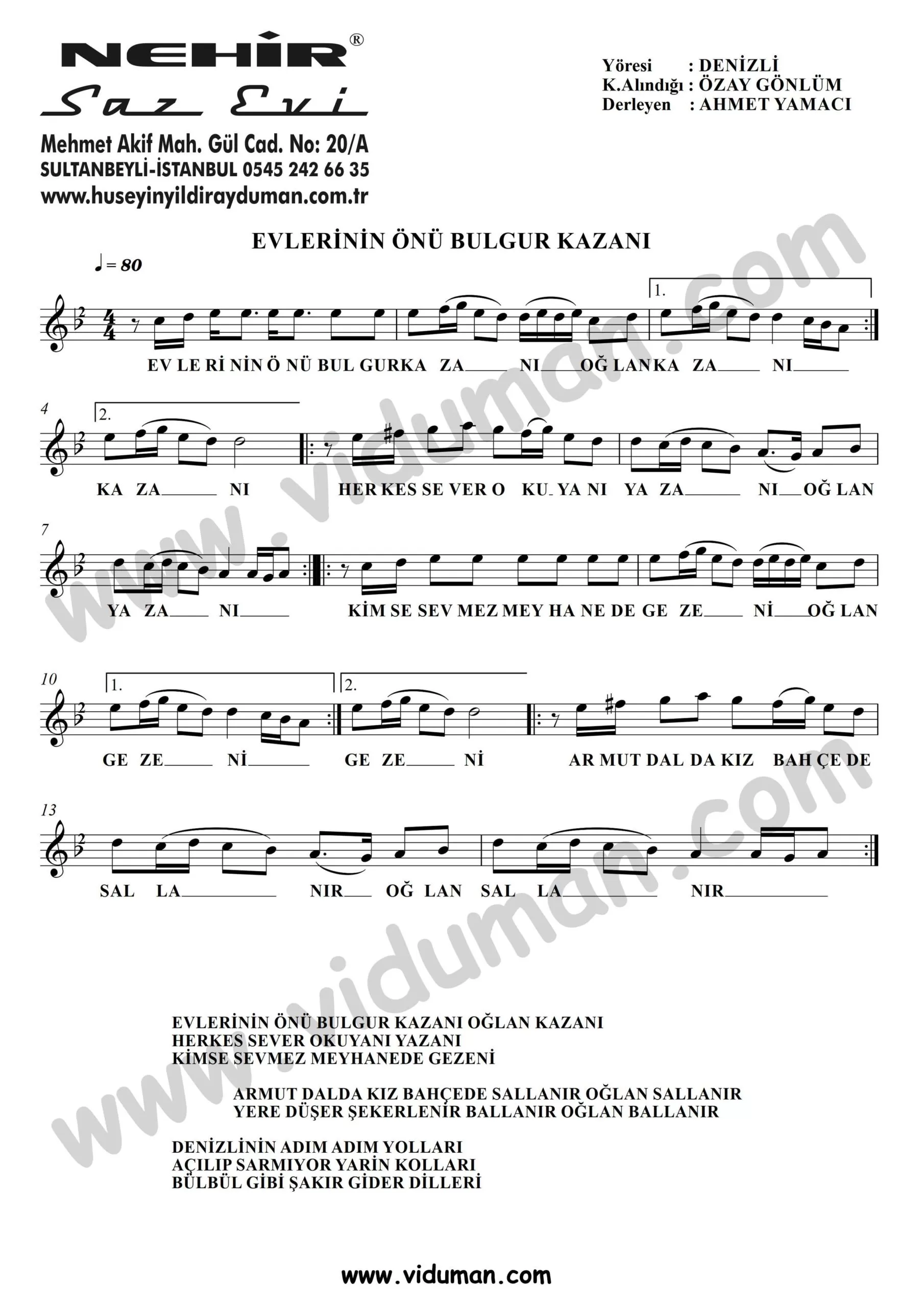Evlerinin Onu Bulgur Kazani-Baglama-Saz-Notalari
