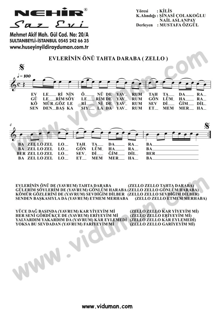 Evlerinin Onu Tahta Daraba Zello-Baglama-Saz-Notalari
