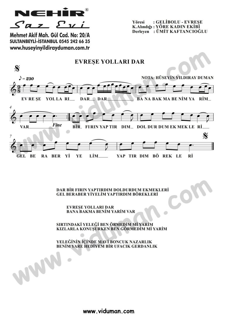 Evrese Yollari Dar-Baglama-Saz-Notalari