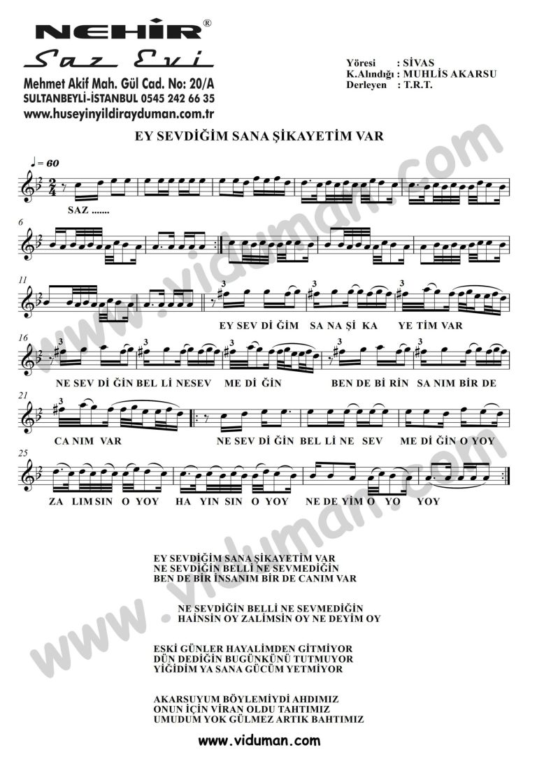 Ey Sevdigim Sana Sikayetim Var-Baglama-Saz-Notalari