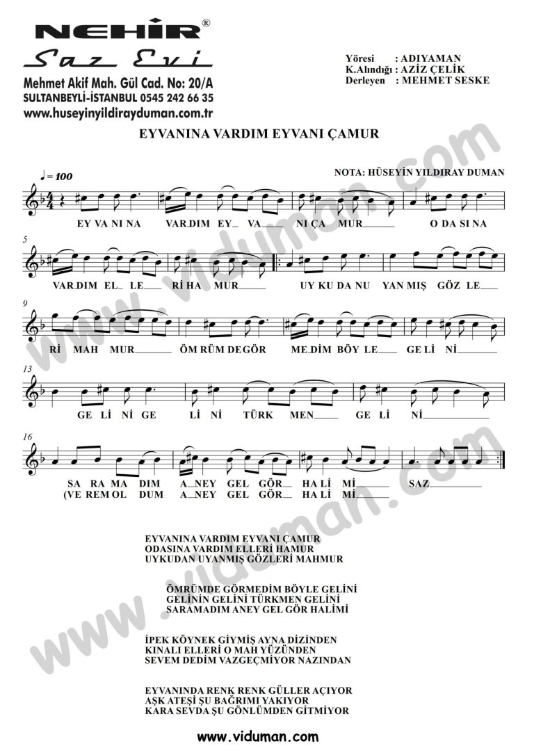 Eyvanina Vardim Eyvani Camur-Baglama-Saz-Notalari