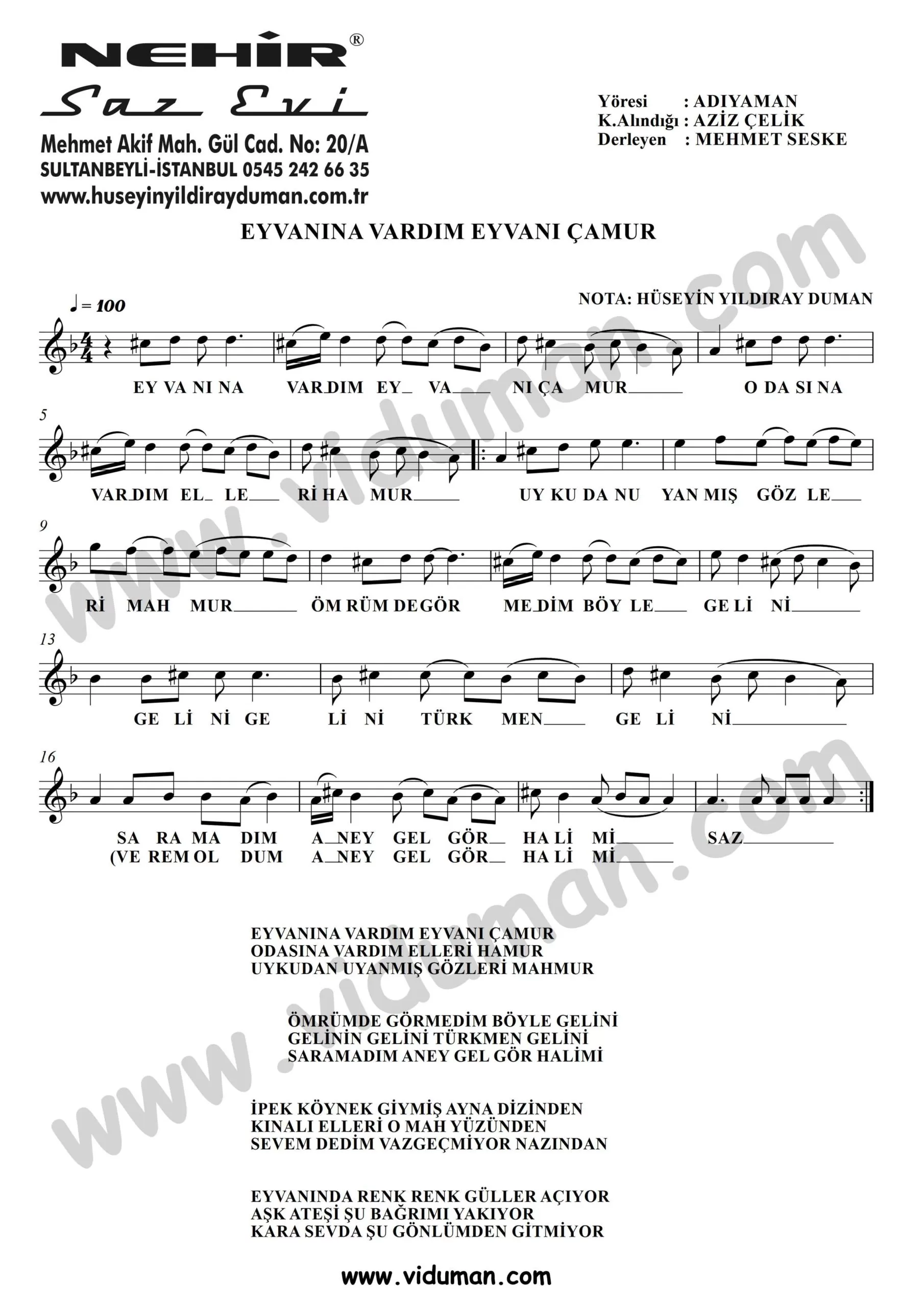 Eyvanina Vardim Eyvani Camur-Baglama-Saz-Notalari