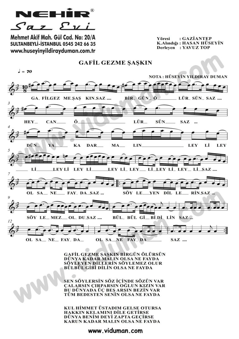 Gafil Gezme Saskin-Baglama-Saz-Notalari