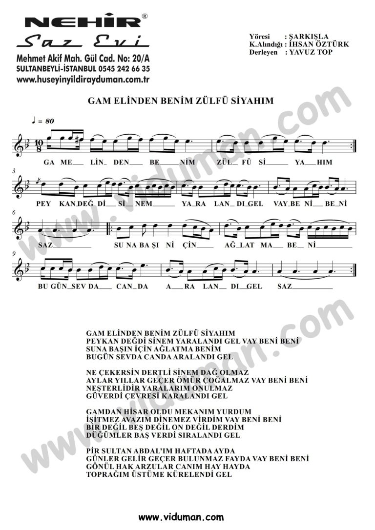 Gam Elinden Benim Zulfu Siyahim-Baglama-Saz-Notalari